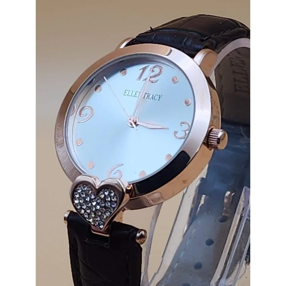 SEIKO ELLEN TRACY Watch Rose Gold Tone Deep Brown Alligator Band Heart CZ